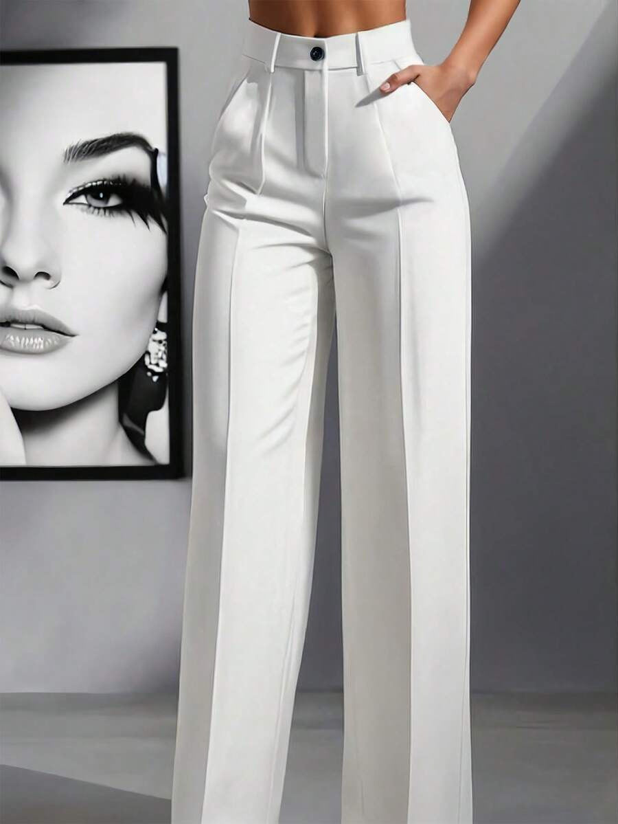 New high-waisted, straight-leg, minimalist suit trousers