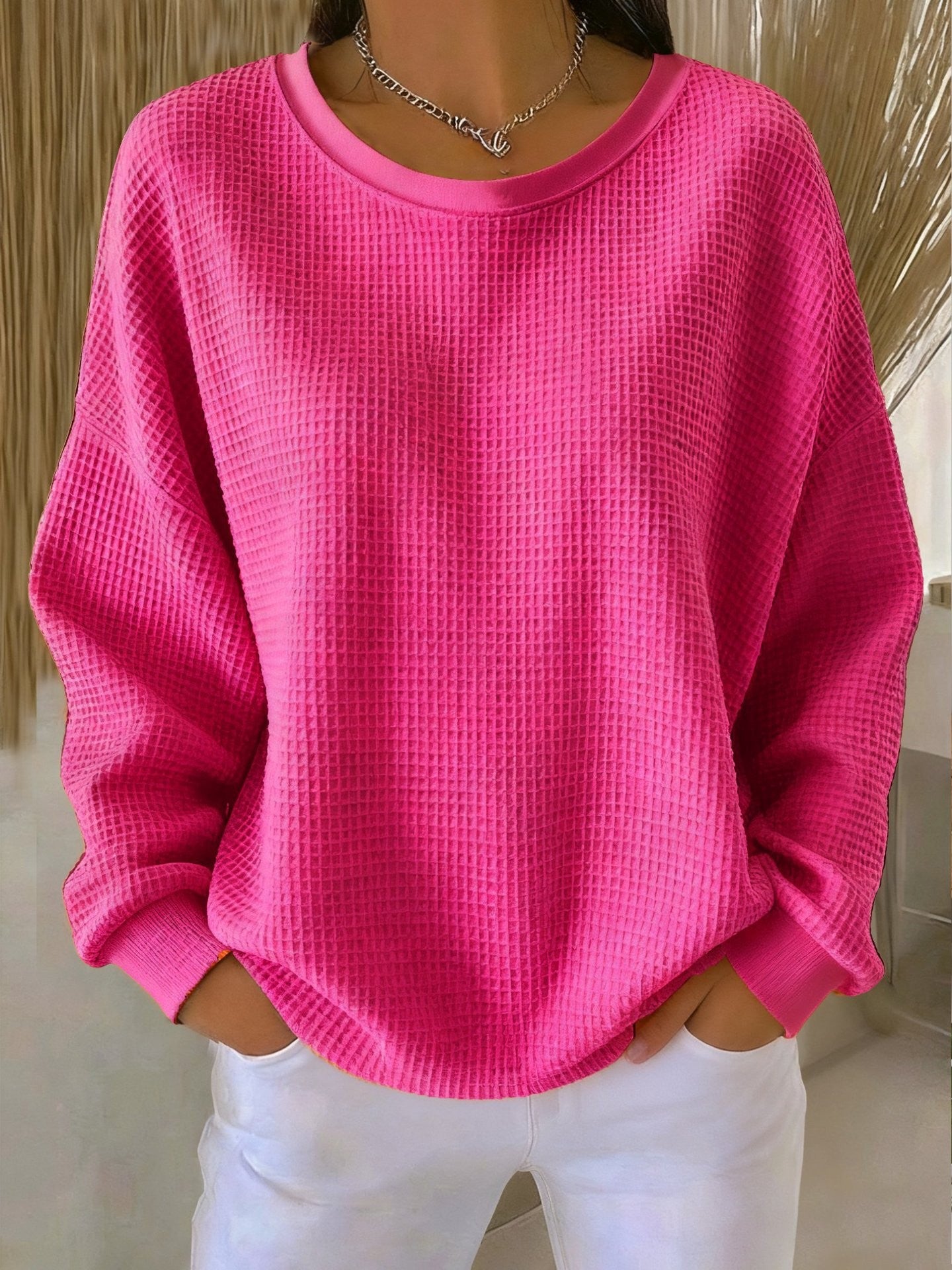 Retro color-blocked crew neck loose long-sleeved pullover sweatshirt