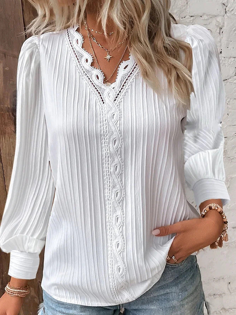 Spring Long-Sleeved V-Neck Lace-Trimmed Blouse for Women