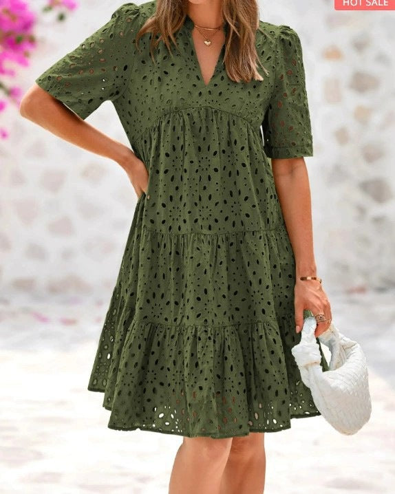 French V-neck hollowed-out lace dress A-line skirt