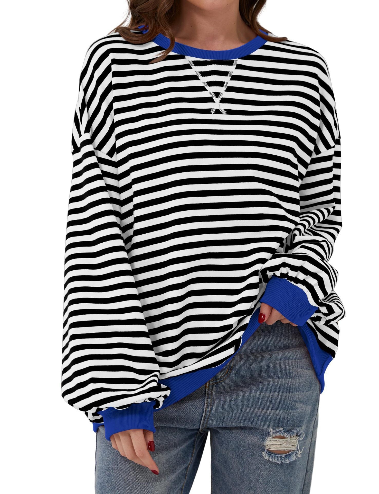 Striped floral crew neck long-sleeved color-blocked T-shirt