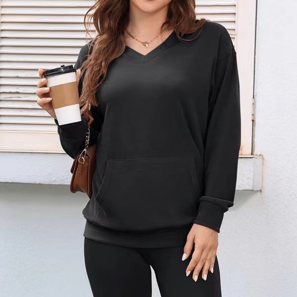 Solid color V-neck loose sweatshirt