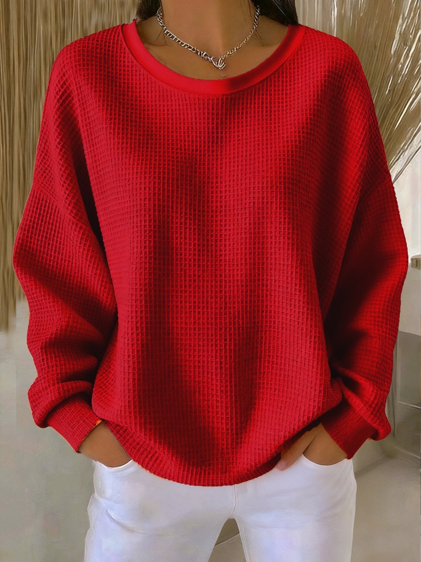 Retro color-blocked crew neck loose long-sleeved pullover sweatshirt