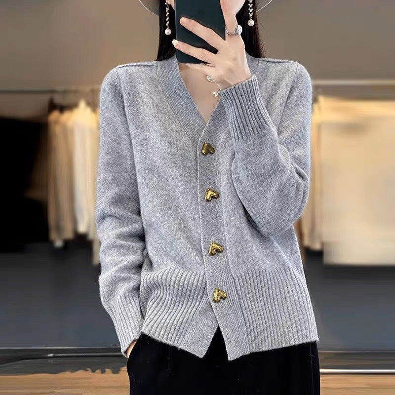 Solid color knitted V-neck cardigan