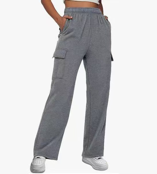 Solid color, high-waisted, slimming design, straight-leg, wide-leg, loose-fitting trousers.