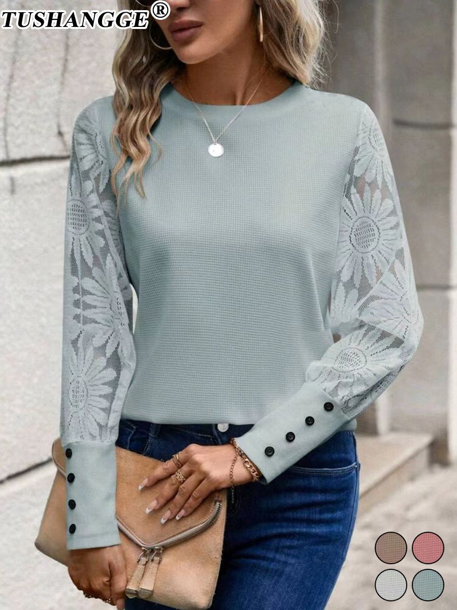 Embroidered lace patchwork round-neck top