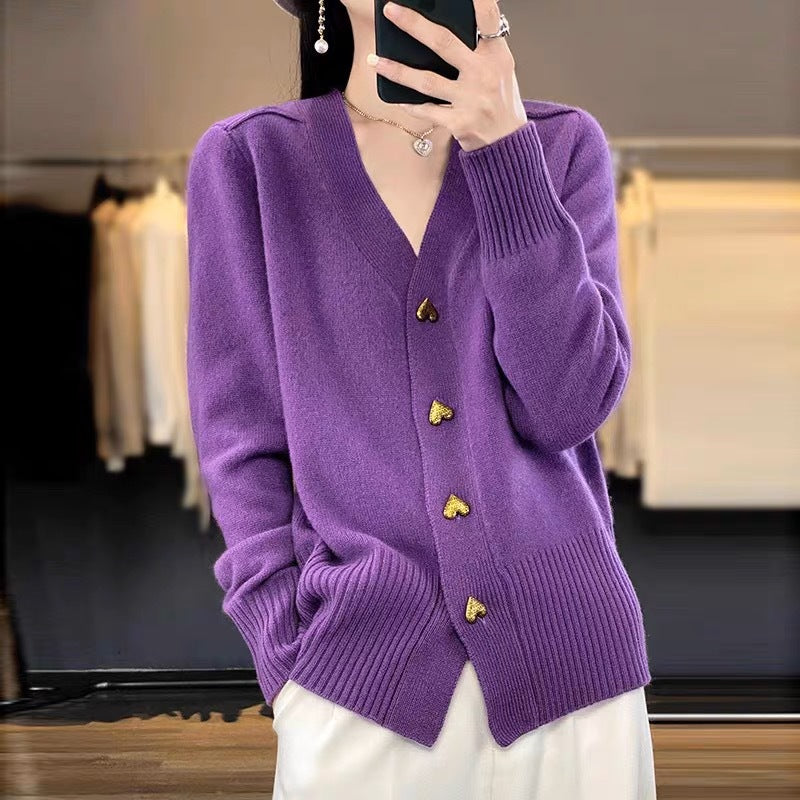 Solid color knitted V-neck cardigan
