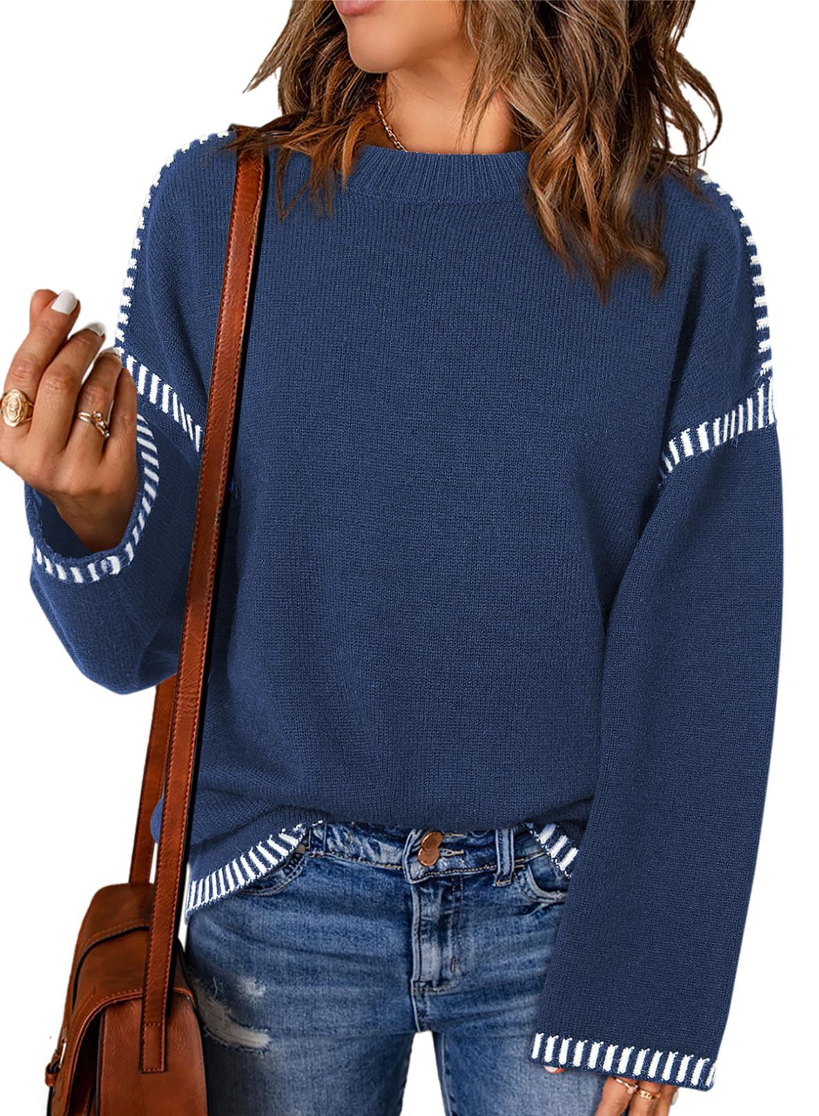 Winter Women's Sweater Solid Color Round Neck Loose Long Sleeve Color Block Cable Knit