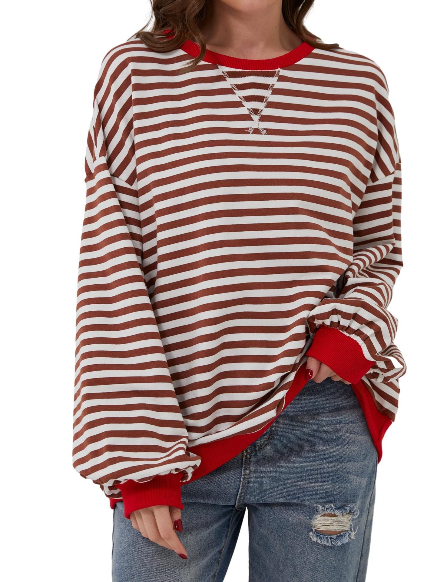Striped floral crew neck long-sleeved color-blocked T-shirt