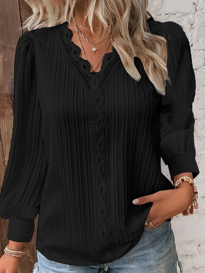 Spring Long-Sleeved V-Neck Lace-Trimmed Blouse for Women