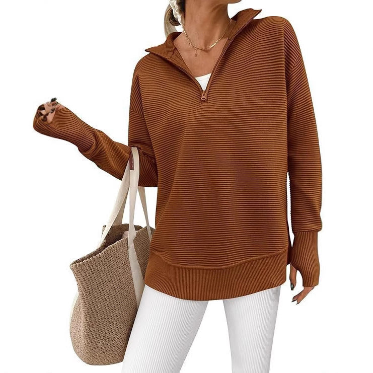 Long-sleeved three-quarter length zip-up sweater