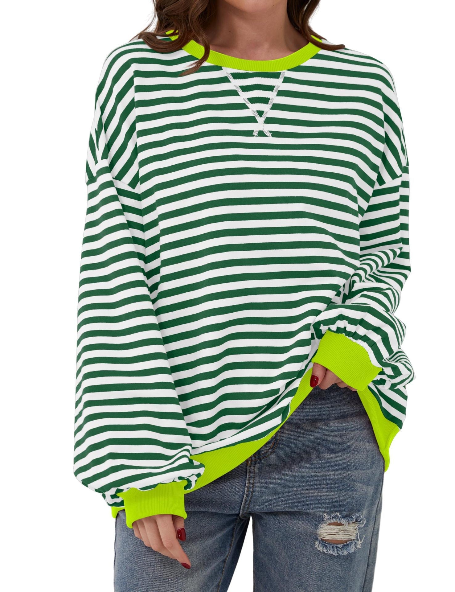 Striped floral crew neck long-sleeved color-blocked T-shirt