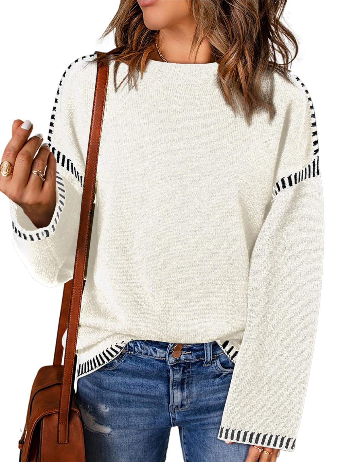 Winter Women's Sweater Solid Color Round Neck Loose Long Sleeve Color Block Cable Knit