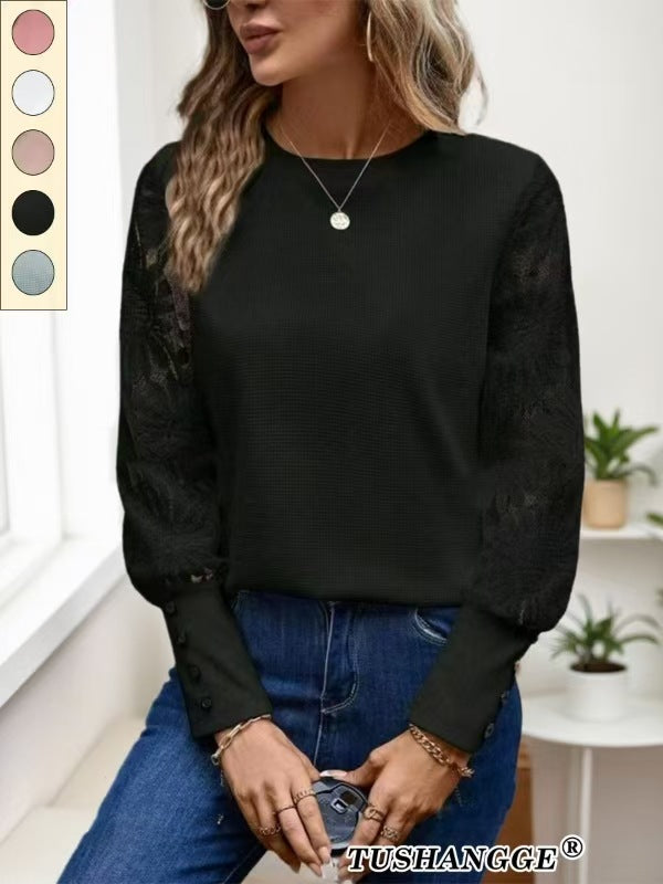 Embroidered lace patchwork round-neck top