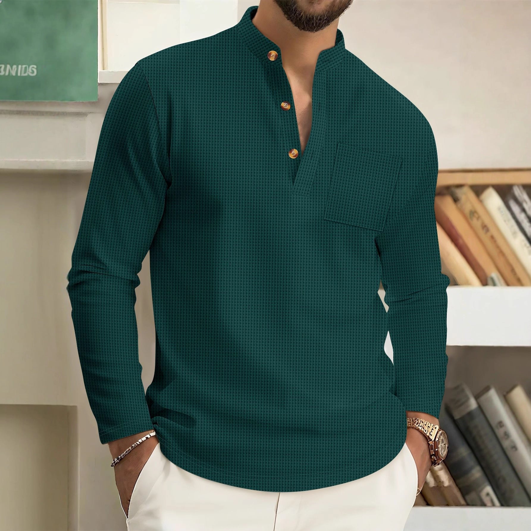 Solid color stand-up collar pocket button long-sleeved polo shirt