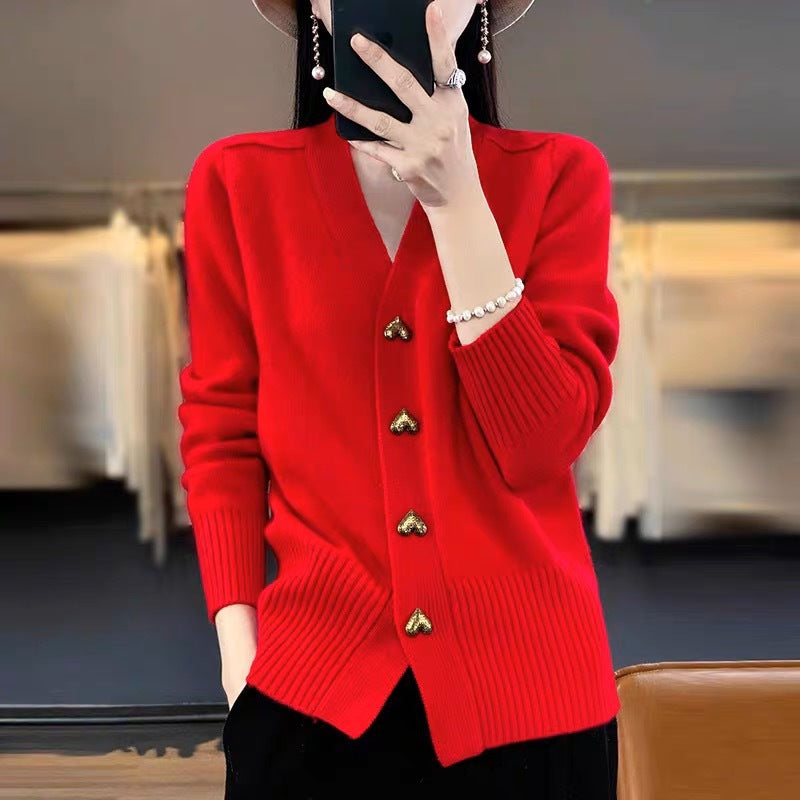 Solid color knitted V-neck cardigan