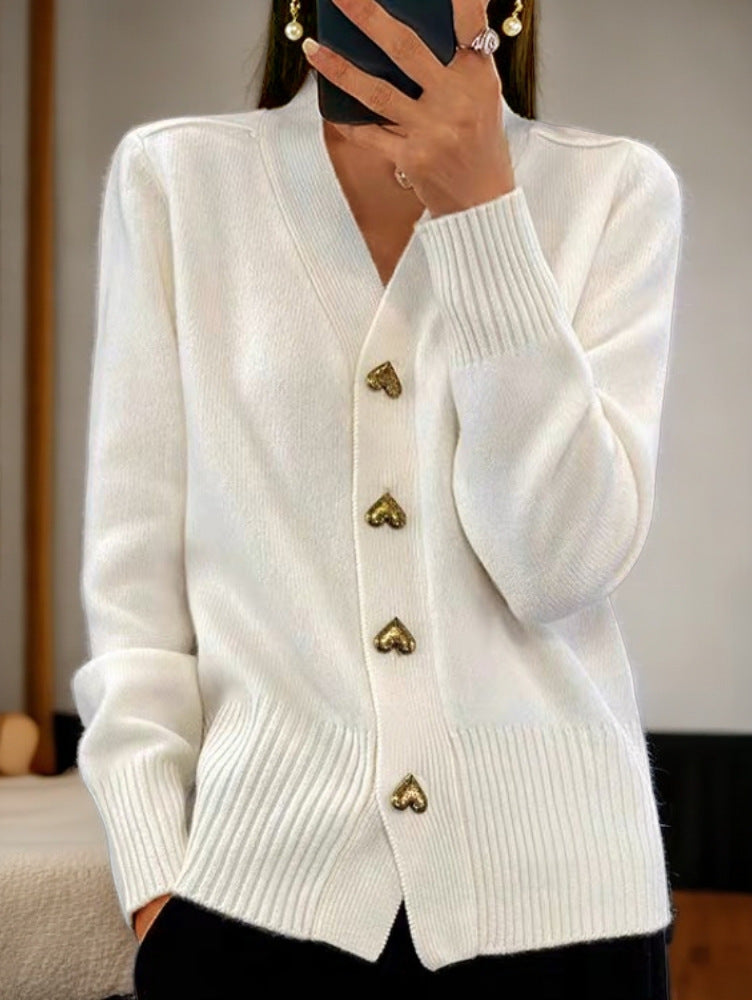 Solid color knitted V-neck cardigan