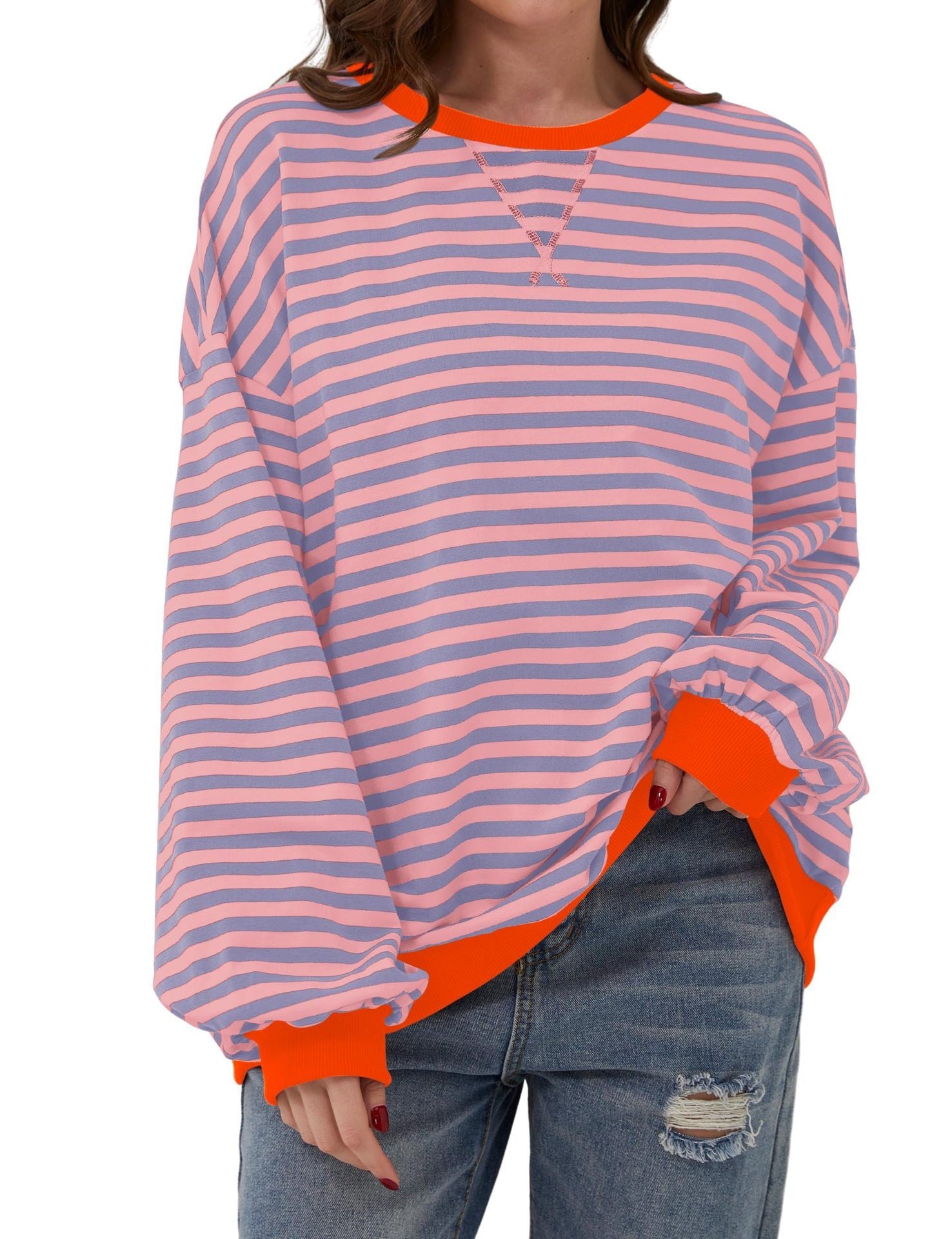 Striped floral crew neck long-sleeved color-blocked T-shirt