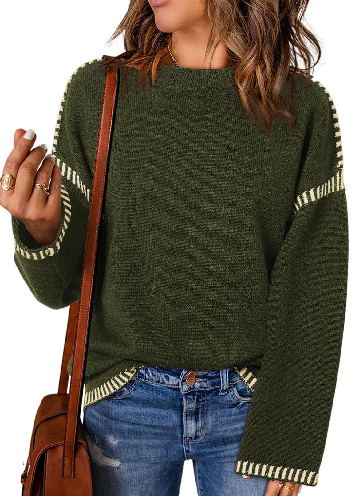 Winter Women's Sweater Solid Color Round Neck Loose Long Sleeve Color Block Cable Knit