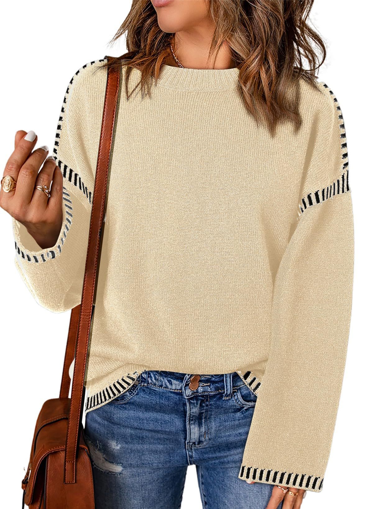 Winter Women's Sweater Solid Color Round Neck Loose Long Sleeve Color Block Cable Knit
