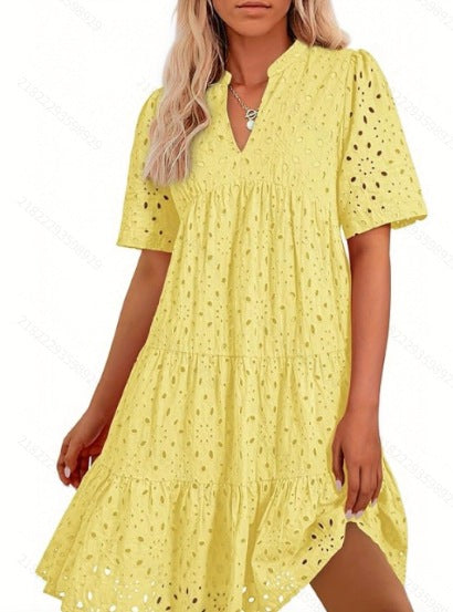 French V-neck hollowed-out lace dress A-line skirt