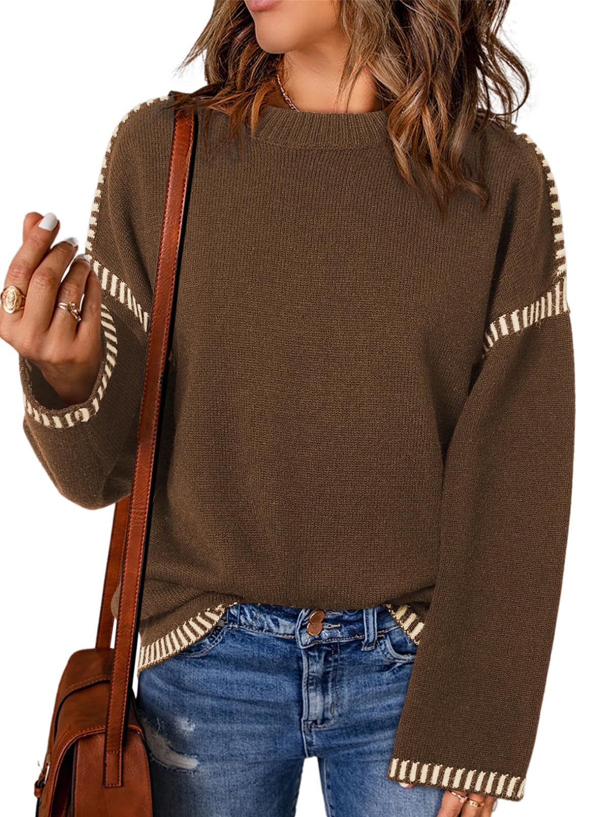 Winter Women's Sweater Solid Color Round Neck Loose Long Sleeve Color Block Cable Knit