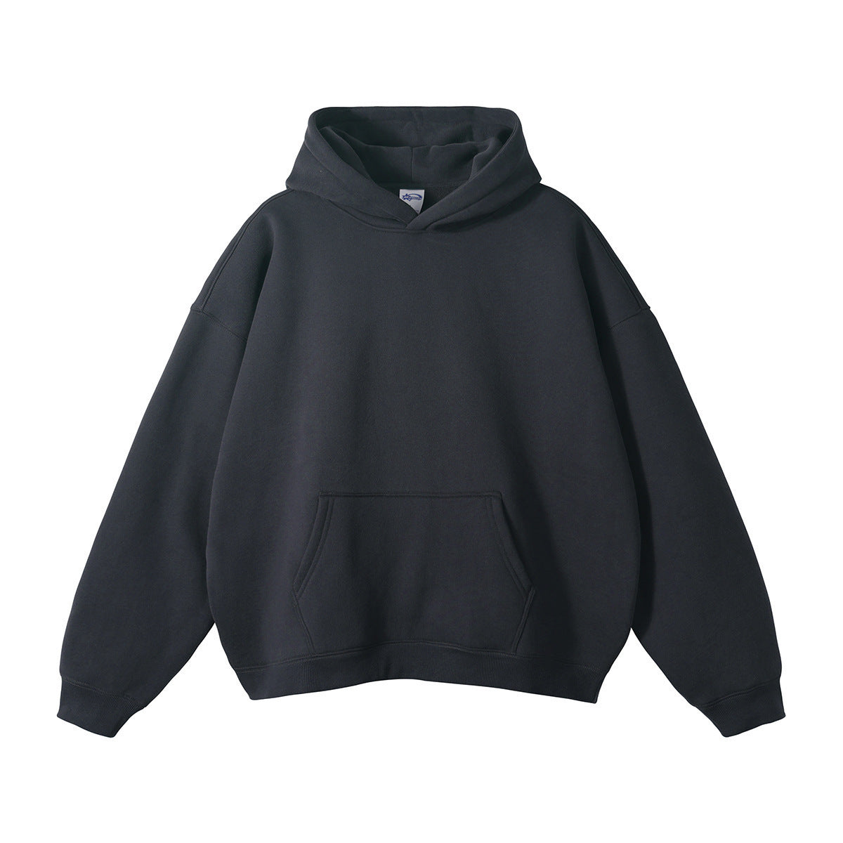 Loose-fitting, fleece-lined hoodie with dropped shoulders and a solid color.