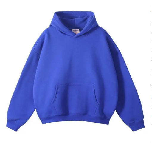 Loose-fitting, fleece-lined hoodie with dropped shoulders and a solid color.