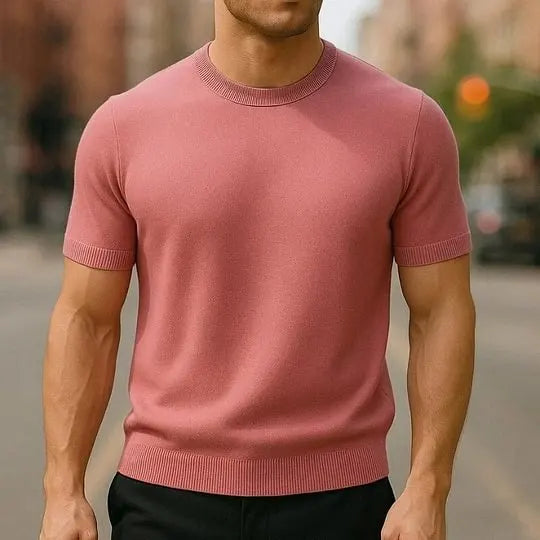 Round neck, short sleeves, slim fit, solid color, stylish knit sweater